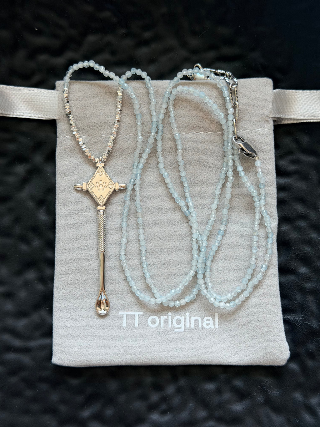 TT original-necklace-Black and silver long layered necklace | Vintage luxury long chain necklace | Natural crystal | Semi-transparent gray beads | Diamond-shaped pendant