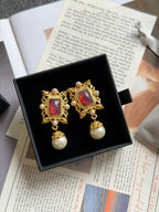 TT original-earring-Vintage gold carved earrings | Baroque faux pearl earrings | Niche court style | Wedding evening gown earrings