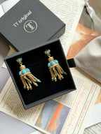 TT original-earring-Bohemian long ethnic style earrings | Vintage gold stud earrings | Blue gemstone-like long earrings | Gold dome tassel earrings