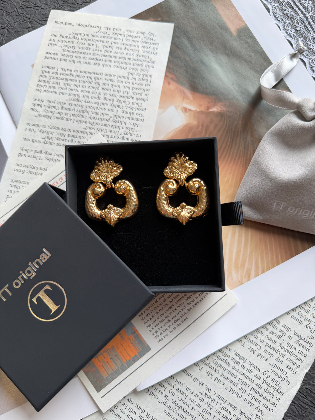 TT original-earring-Vintage French Baroque Gold Earrings | Court Style | Dress Matching | Date/Evening Gowns | Gold Leaf Pattern Earrings