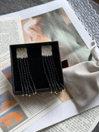 TT original-earring-Black agate beaded tassel earrings | Silver statement dangling earrings | Geometric square earrings | Evening jewelry