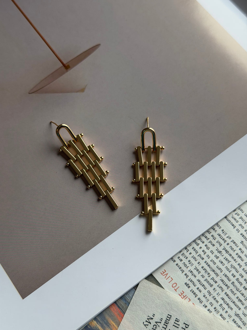 TT original-earring-Women's Gold Geometric Pendant Earrings | Long Architectural Style Earrings | Modern Minimalist Unique Jewelry