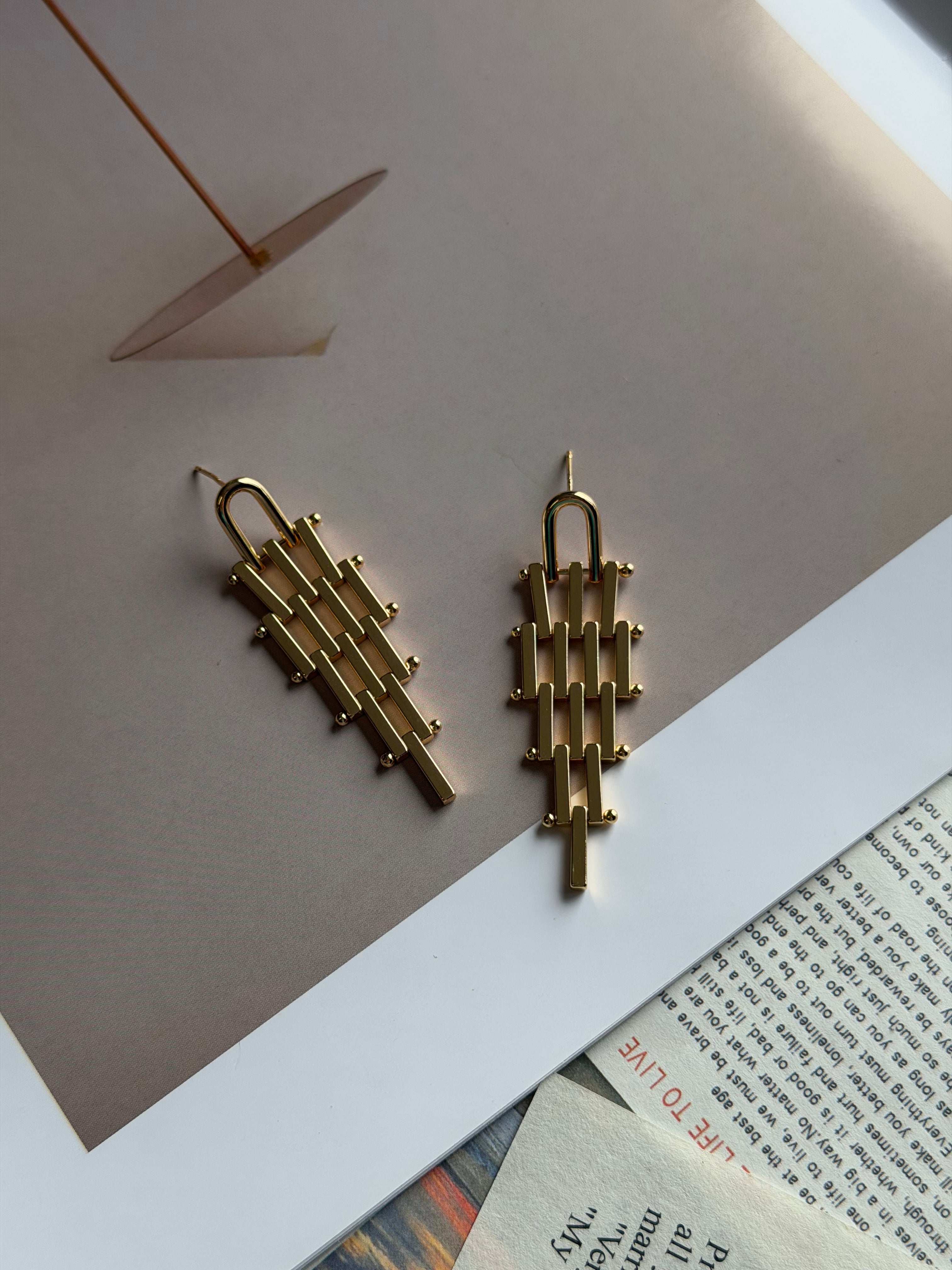 TT original-earring-Women's Gold Geometric Pendant Earrings | Long Architectural Style Earrings | Modern Minimalist Unique Jewelry