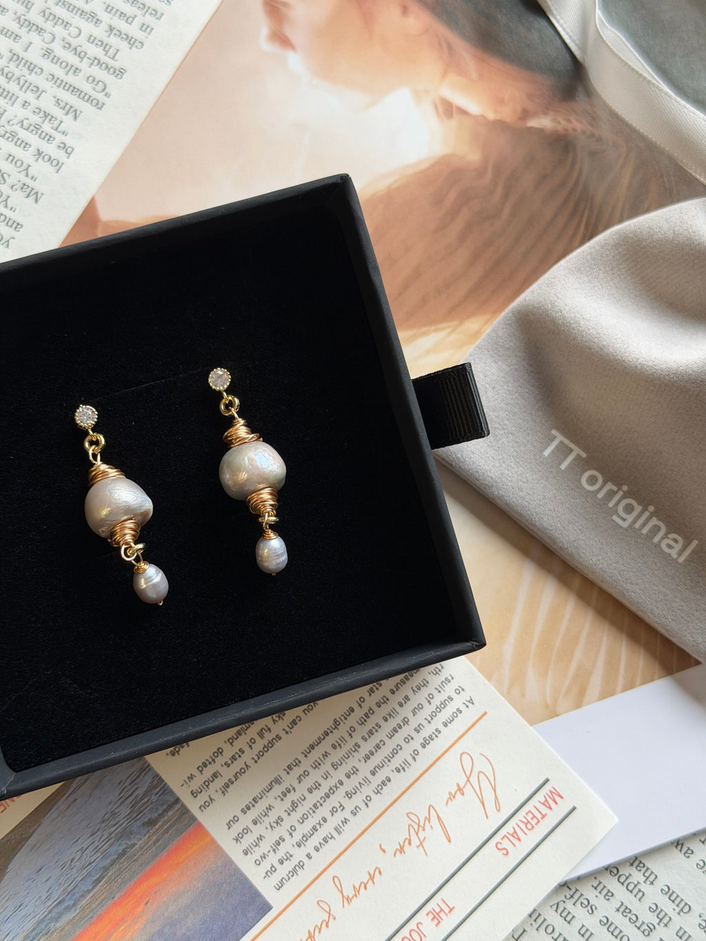 TT original-earring-Baroque Pearl and Gold Thread Earrings | Irregular Pearls + Micro Diamonds - Elegant Drape