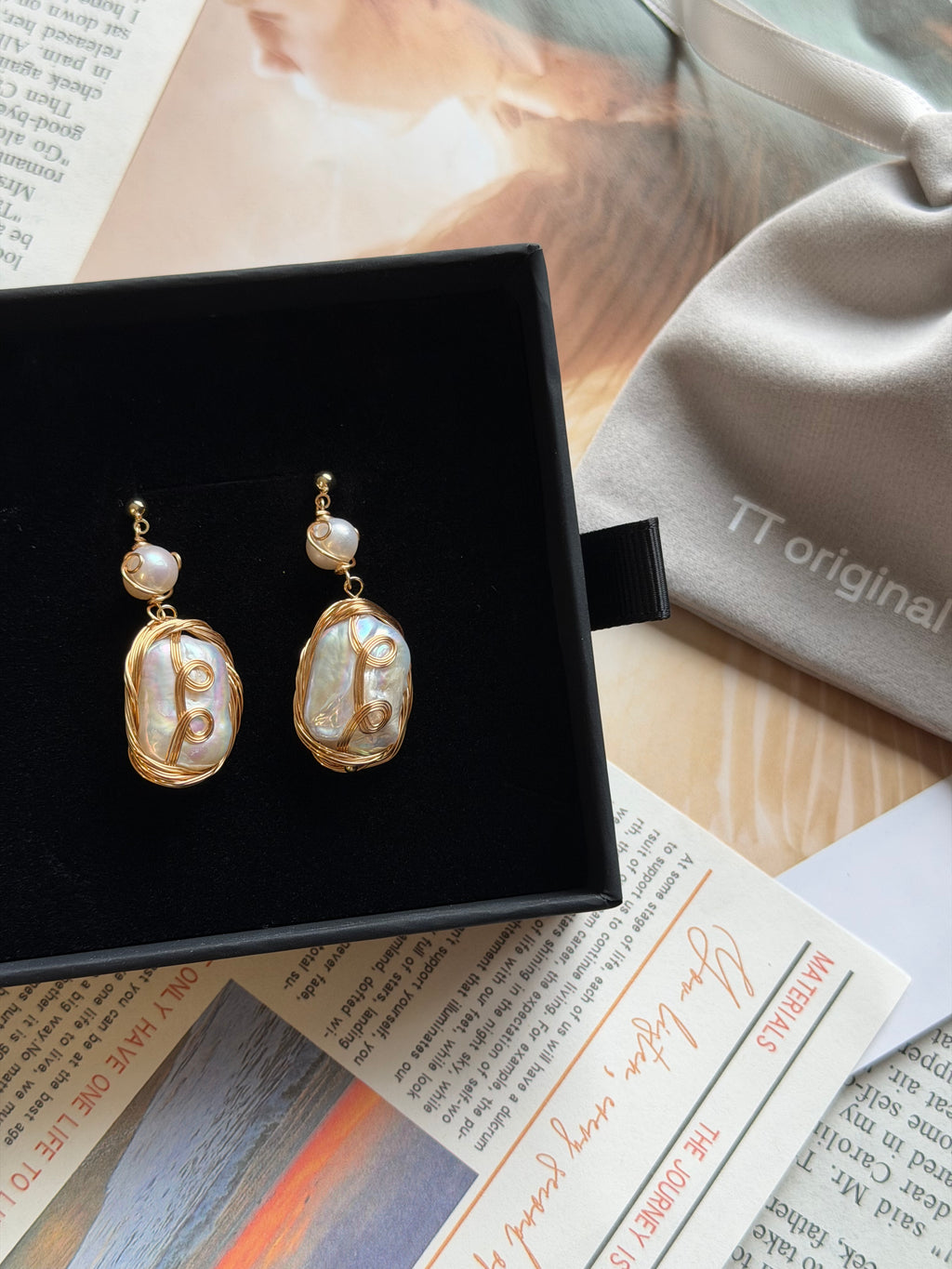 TT original-earring-Exquisite irregular baroque pearl pendant earrings | Elegant gold wire wrapped pearl stud earrings | Niche handmade design