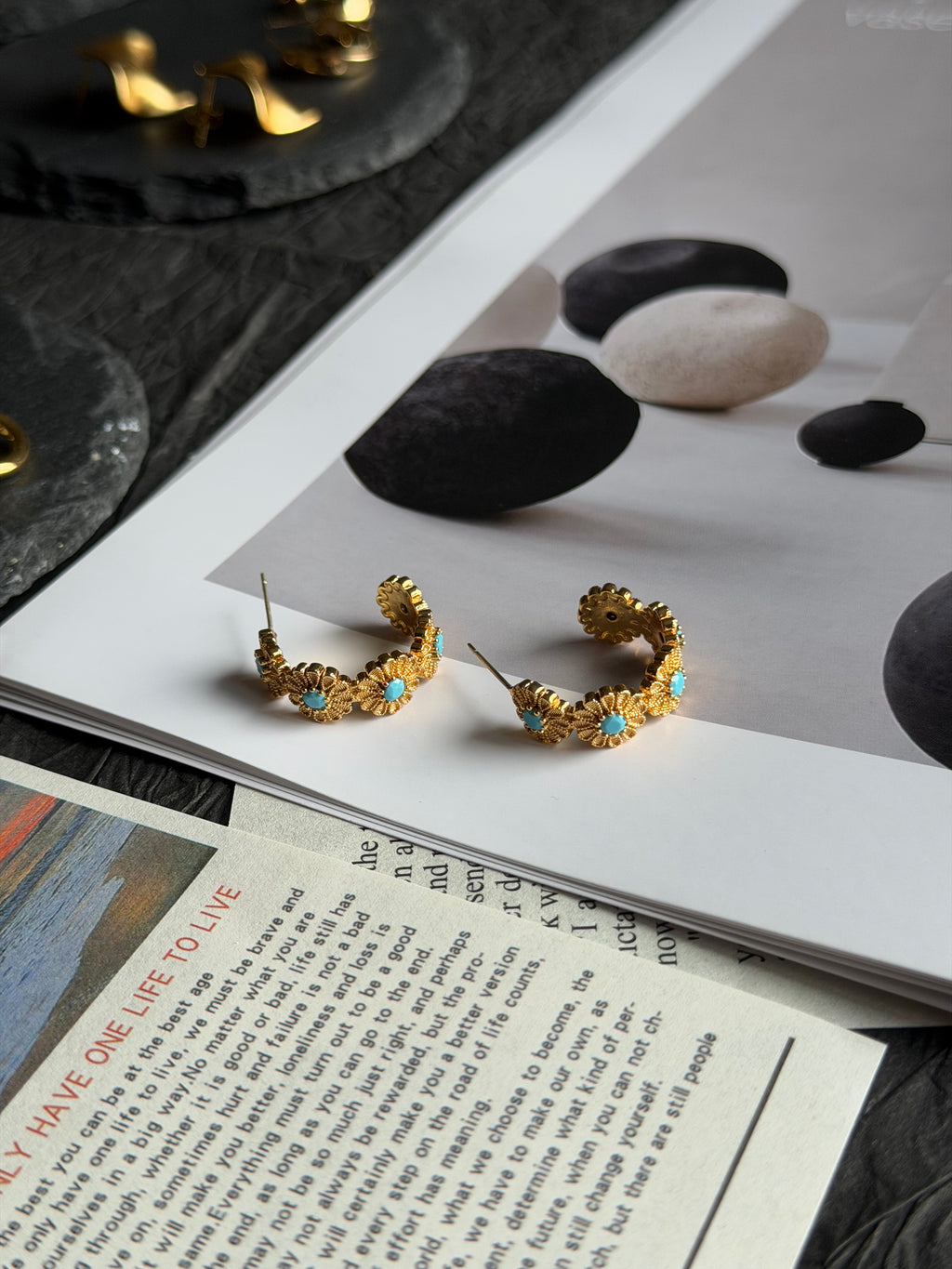 TT original-earring-Gold Half-Hoop Earrings | Southwest Style Jewelry | Natural Turquoise | Summer Beach Accessories