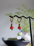 TT original-earring-Vintage Red Agate and Green Jade Earrings | Handmade Gold Sandstone Beaded Earrings | Bohemian Style Natural Stone Pendant Earrings