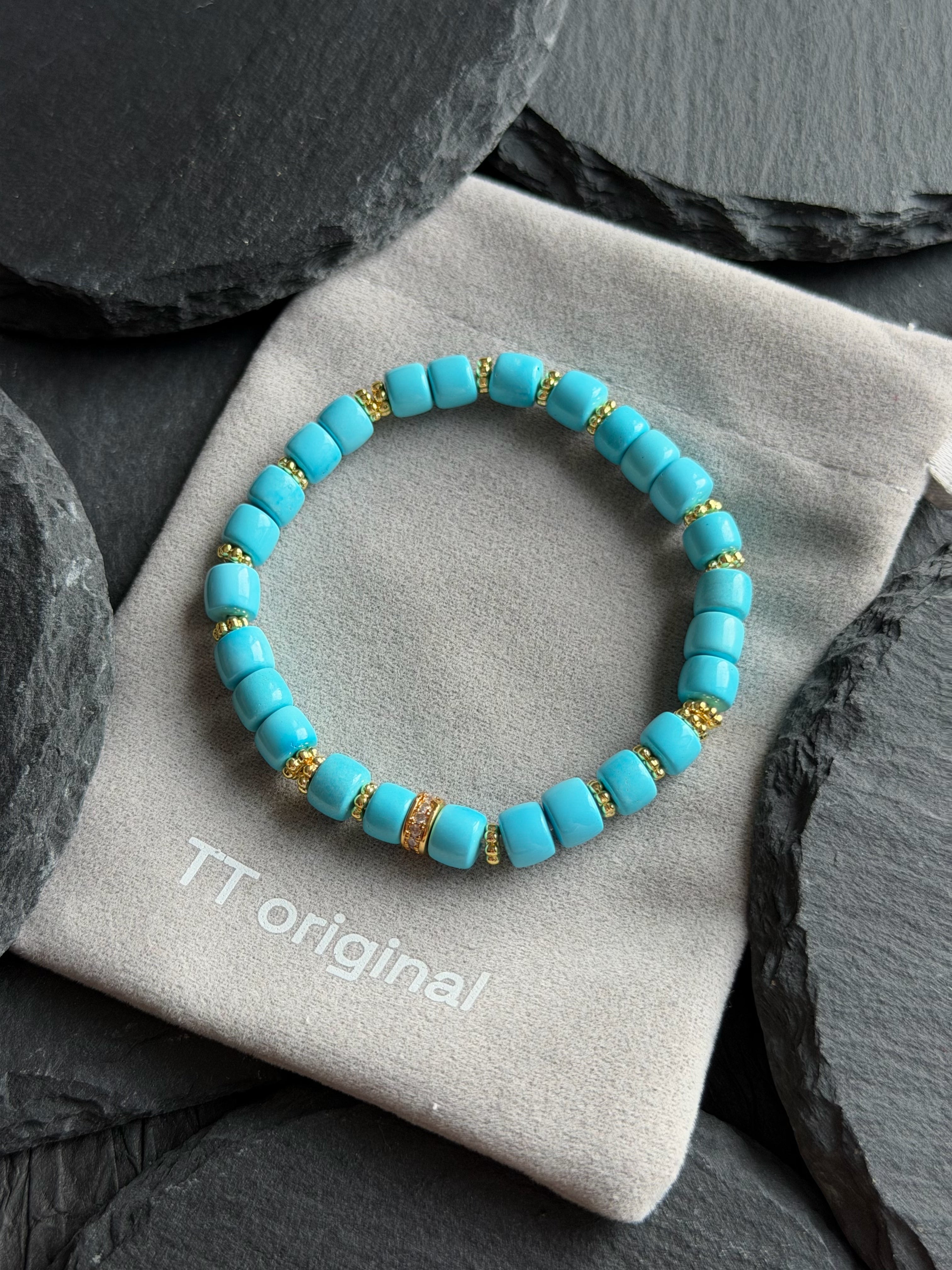 TT original-bracelet-Tiffany Blue Beaded Bracelet, Elastic Design | Turquoise and Blue Gold Color Scheme | Elegant for Everyday Wear | Perfect for Summer Vacations