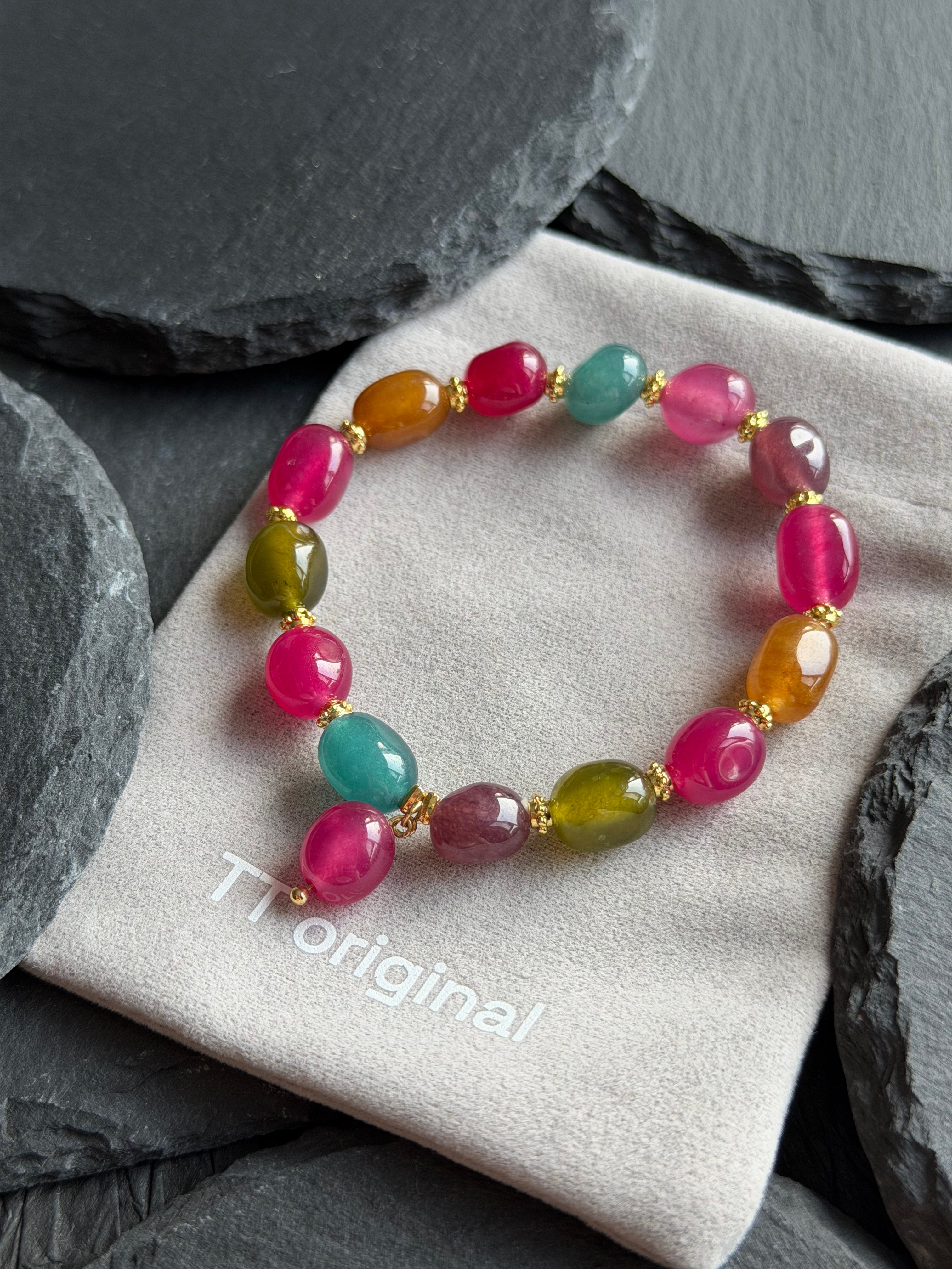 TT original-bracelet-Colorful Tourmaline Bracelet | Rose Red Color-Blocked Elastic Bracelet | Mixed Gemstone Bracelet | Vacation Style | Handmade Style | Brightly Colored Summer Bracelet