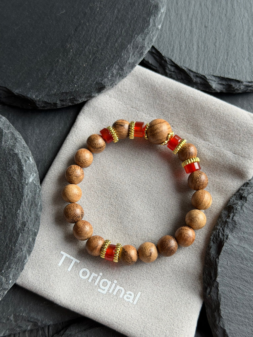 TT original-bracelet-Agarwood x Red Agate Bracelet | Simple and Versatile Elastic Bracelet | Gold Spacer Beads | A Zen-Inspired Unisex Bracelet
