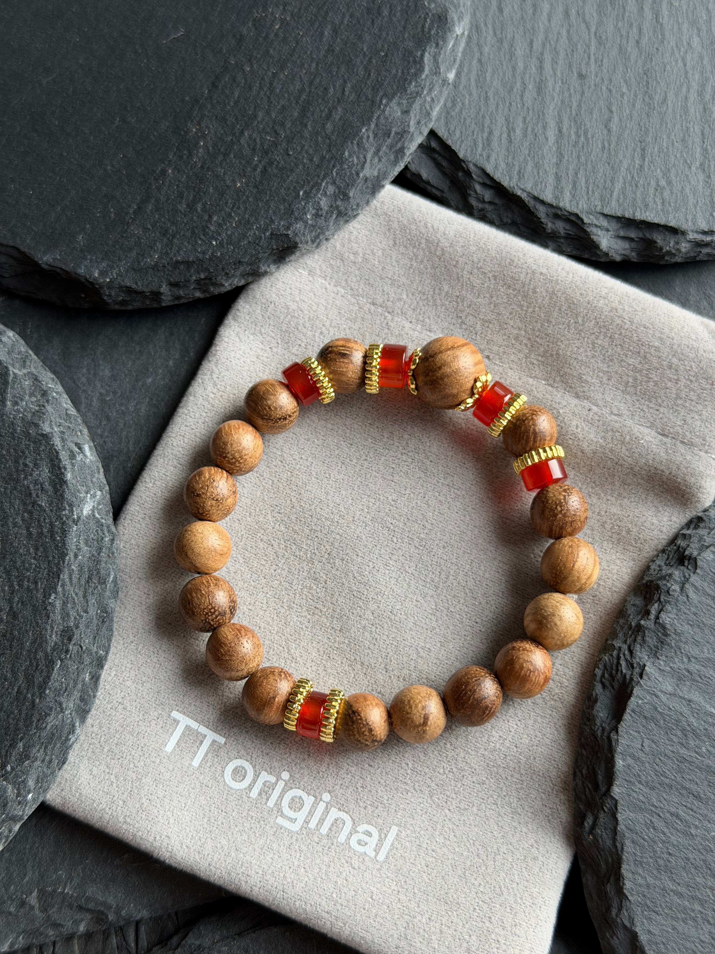 TT original-bracelet-Agarwood x Red Agate Bracelet | Simple and Versatile Elastic Bracelet | Gold Spacer Beads | A Zen-Inspired Unisex Bracelet