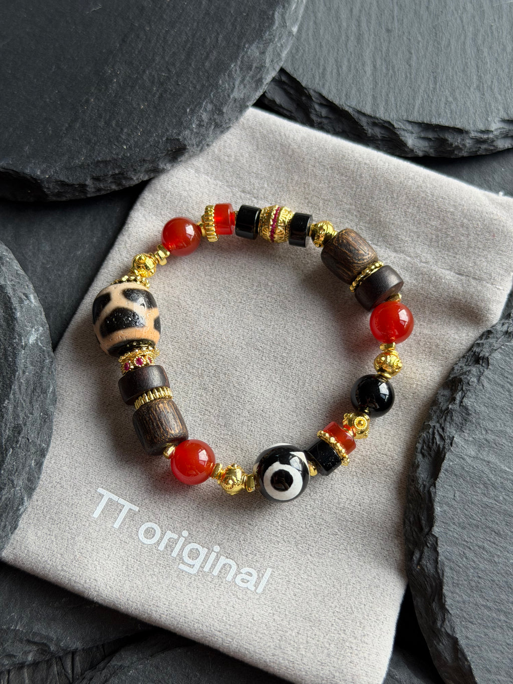 TT original-bracelet-Agate and Agarwood Bracelet | Elastic Bracelet Without Buckle | Dzi Bead Bracelet | Totem Bead Bracelet | Unique Ethnic Style Lucky Bracelet | Suitable for Both Men and Women