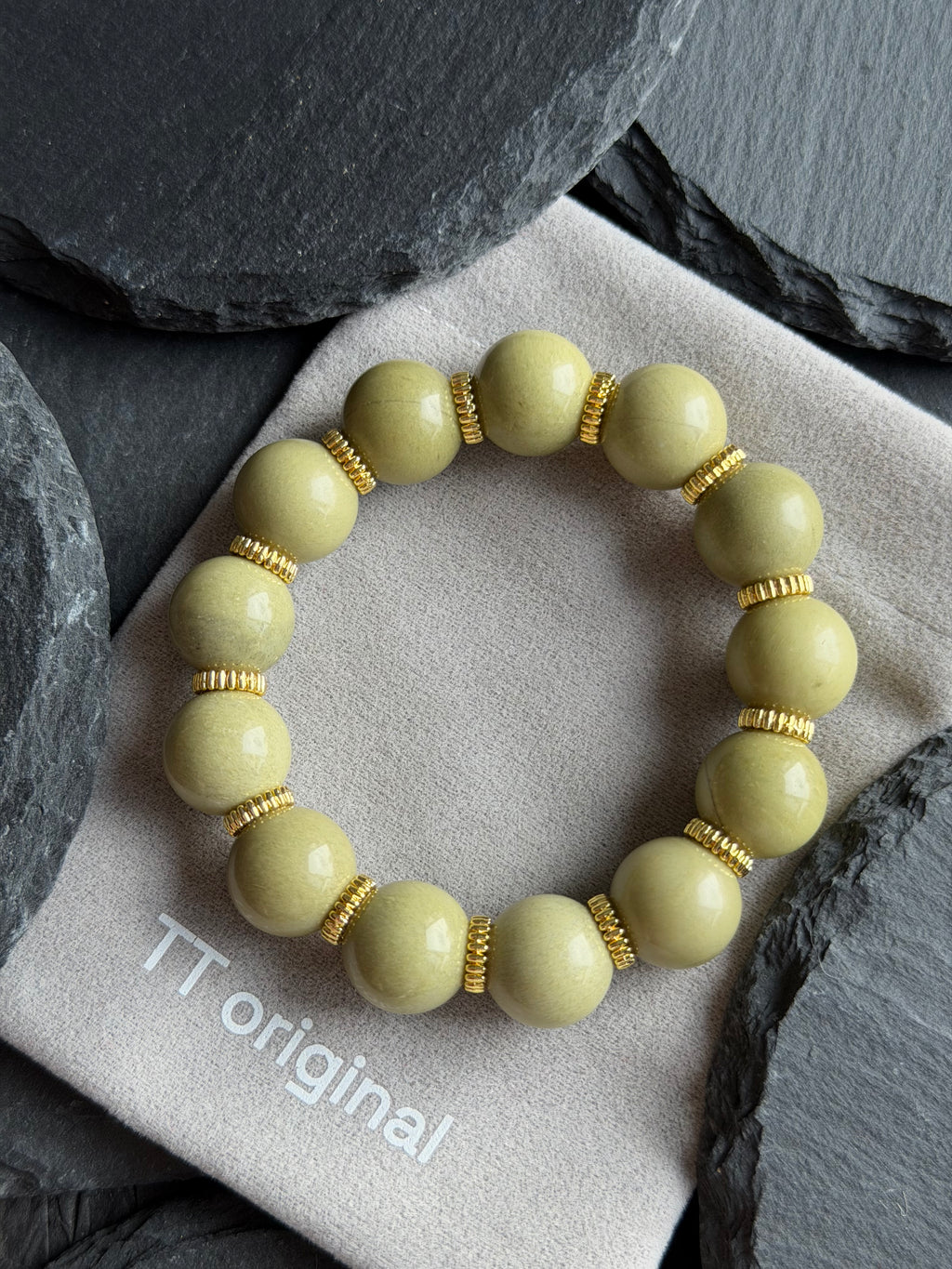 TT original-bracelet-12mm Alashan Stone Bracelet | Elastic Bracelet Without Buckle | Olive Green Beads + Gold Spacer Beads | Unisex Natural Stone Bracelet