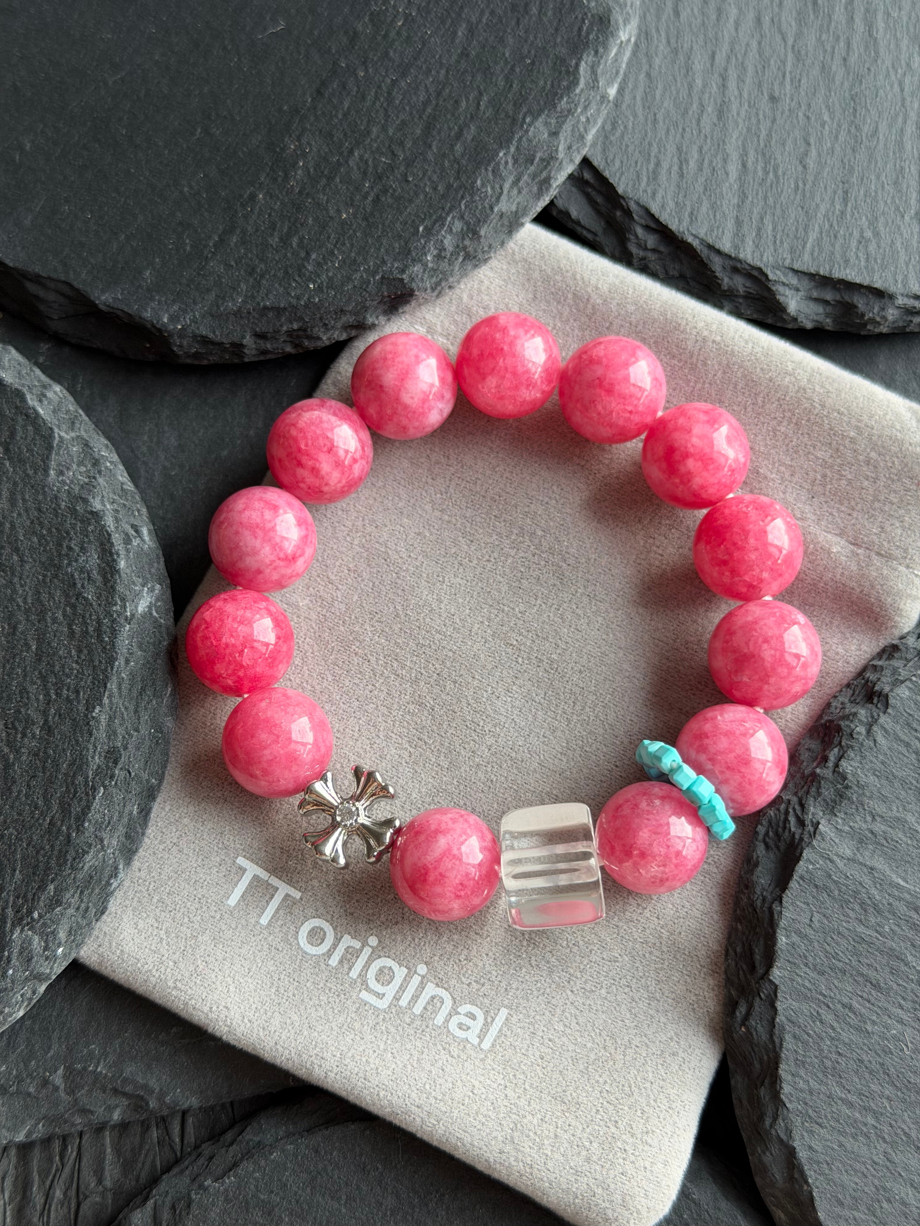 TT original-bracelet-Pink Natural Stone Bracelet | Pink Crystal Energy Stone Bracelet | Niche Design Spring/Summer Must-Have | Elastic Bracelet | Dragon Fruit Color Scheme