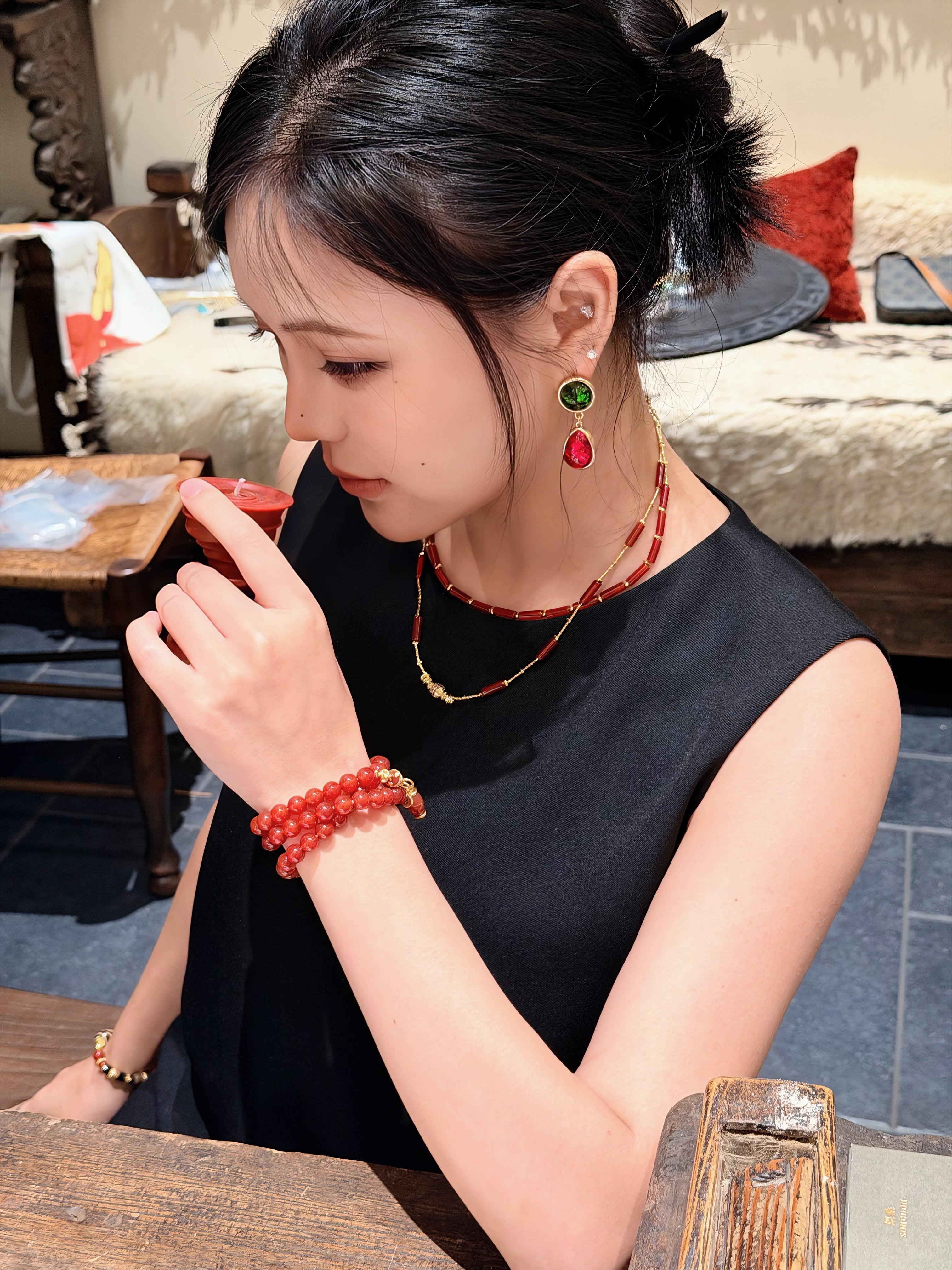 TT original-necklace-Vintage-inspired luxury red natural agate necklace | Niche design handmade beaded necklace | Festive gift | Vintage ethnic style choker | Double-layer necklace