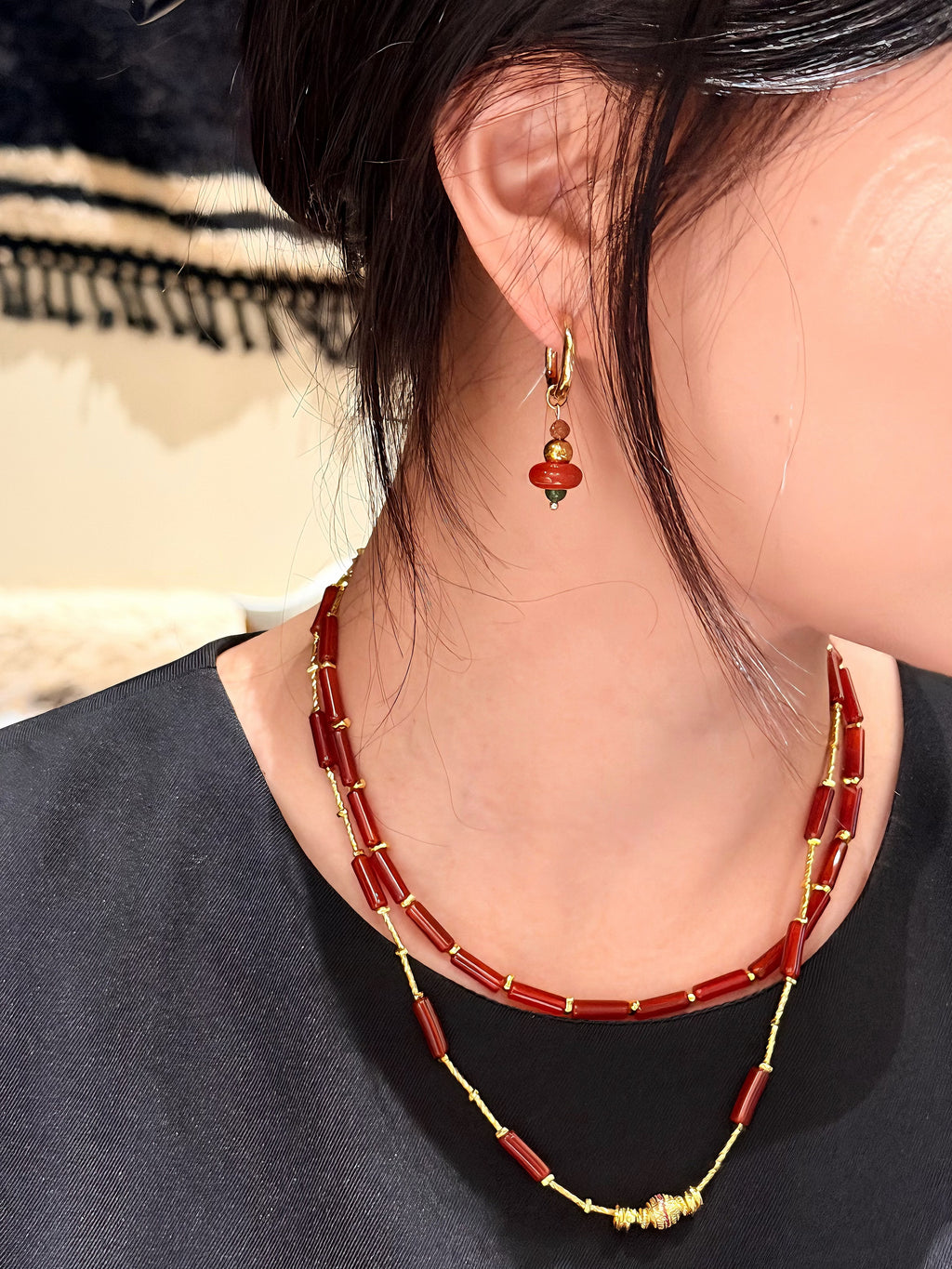TT original-necklace-Vintage-inspired luxury red natural agate necklace | Niche design handmade beaded necklace | Festive gift | Vintage ethnic style choker | Double-layer necklace
