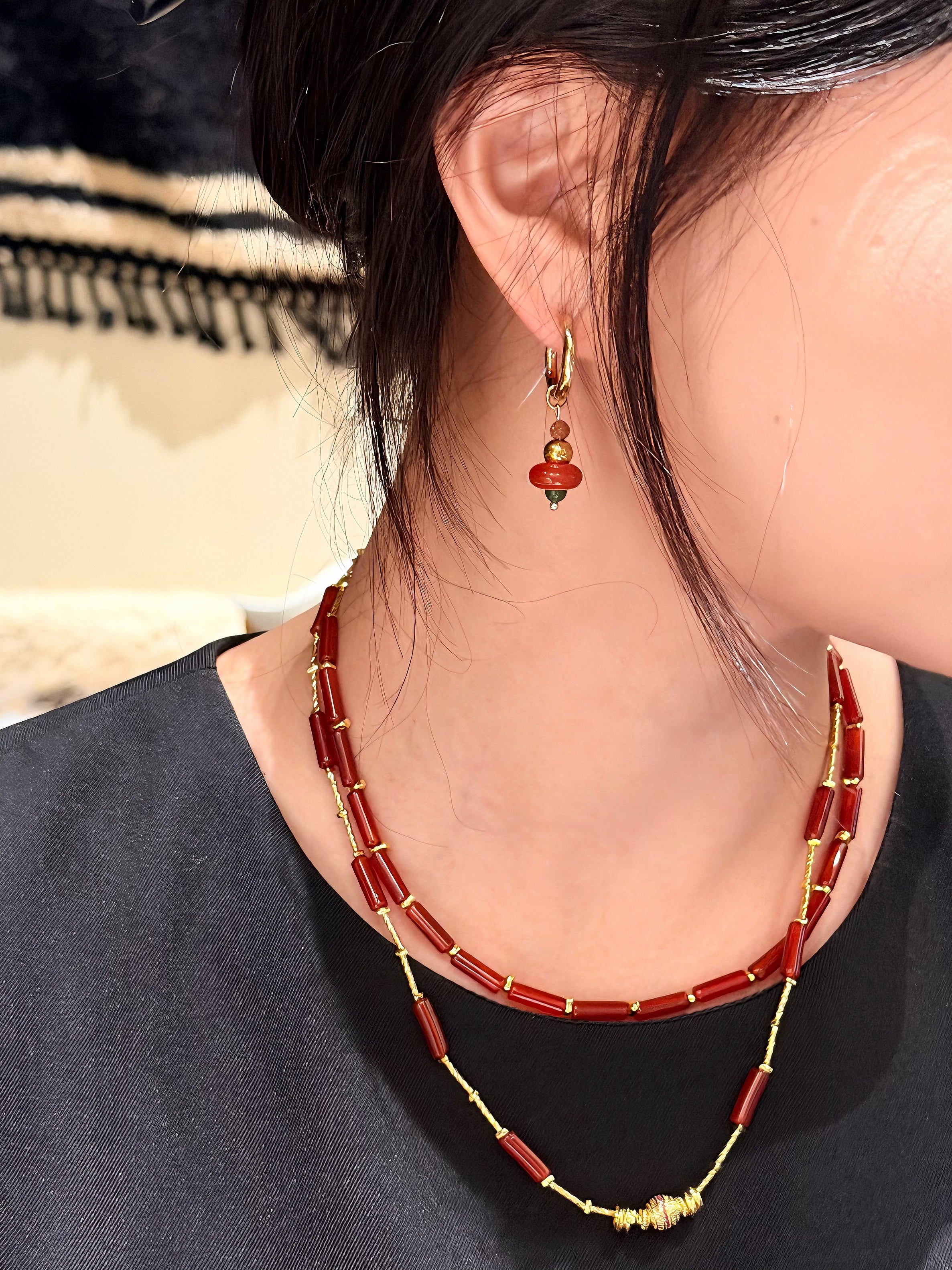 TT original-necklace-Vintage-inspired luxury red natural agate necklace | Niche design handmade beaded necklace | Festive gift | Vintage ethnic style choker | Double-layer necklace