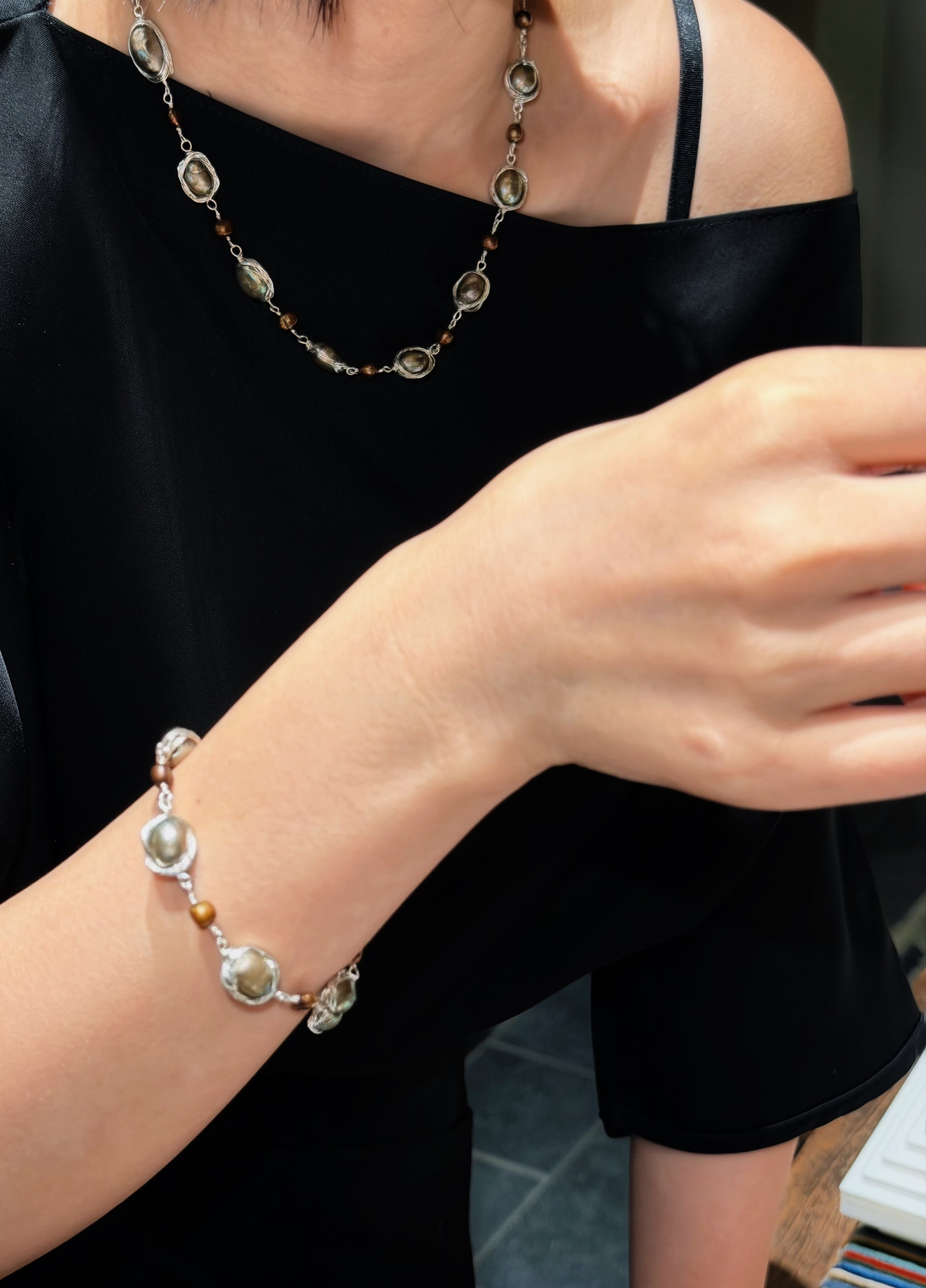 TT original-bracelet-Exquisite irregular pearl necklace and bracelet set | Delicate silver chain jewelry for everyday wear | Anniversary gift