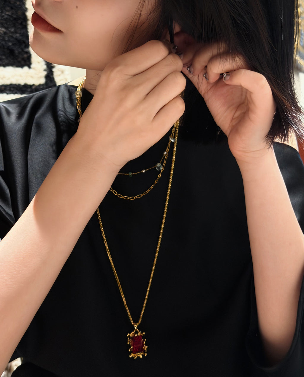 TT original-necklace-Vintage gold ruby square necklace | Baroque pattern pendant | Small multi-layered delicate chain necklace