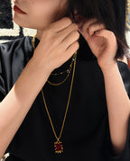 TT original-necklace-Vintage gold ruby square necklace | Baroque pattern pendant | Small multi-layered delicate chain necklace