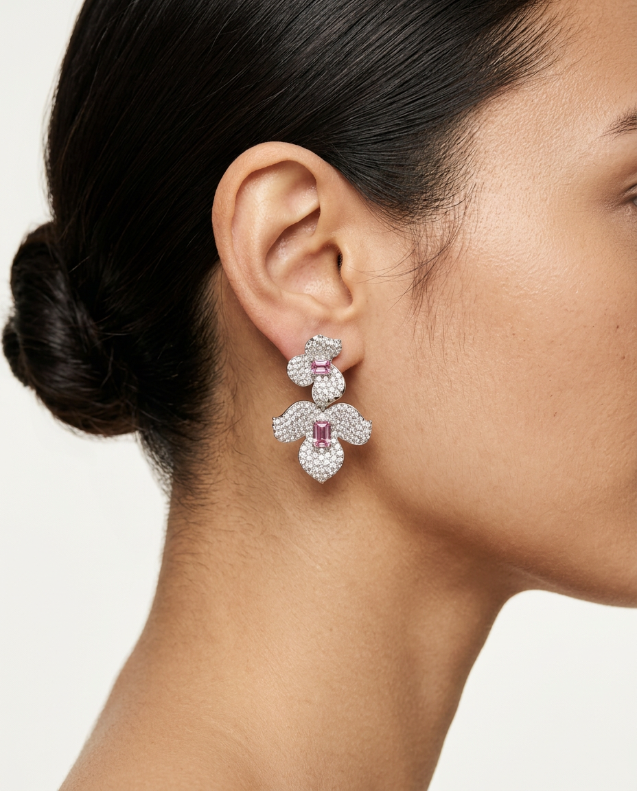 woman wearing 3D crystal flower earrings