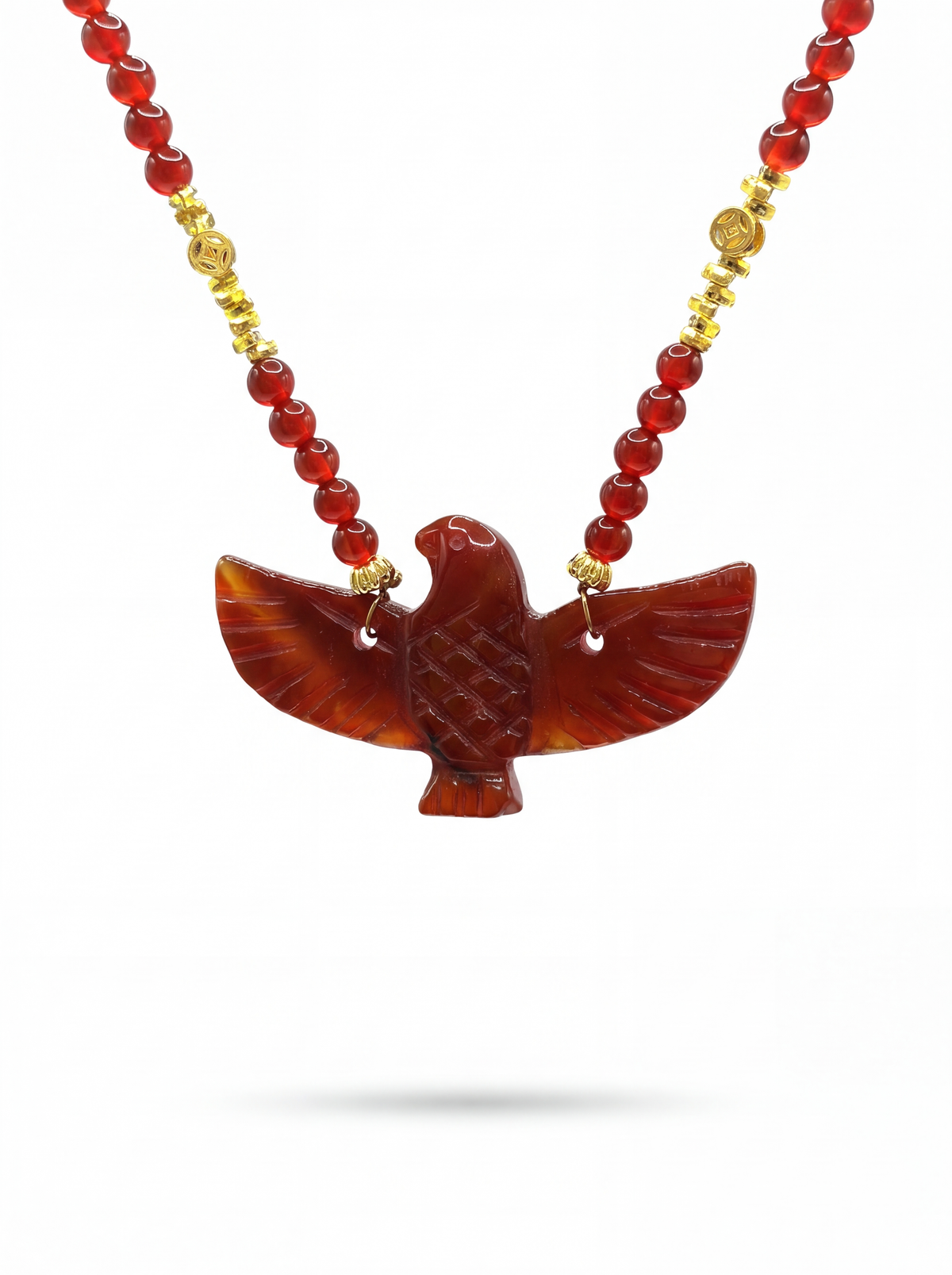Hand-carved bird pendant on natural red agate necklace