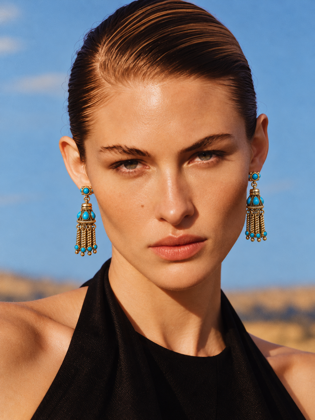 Turquoise Tassels earrings woman worn