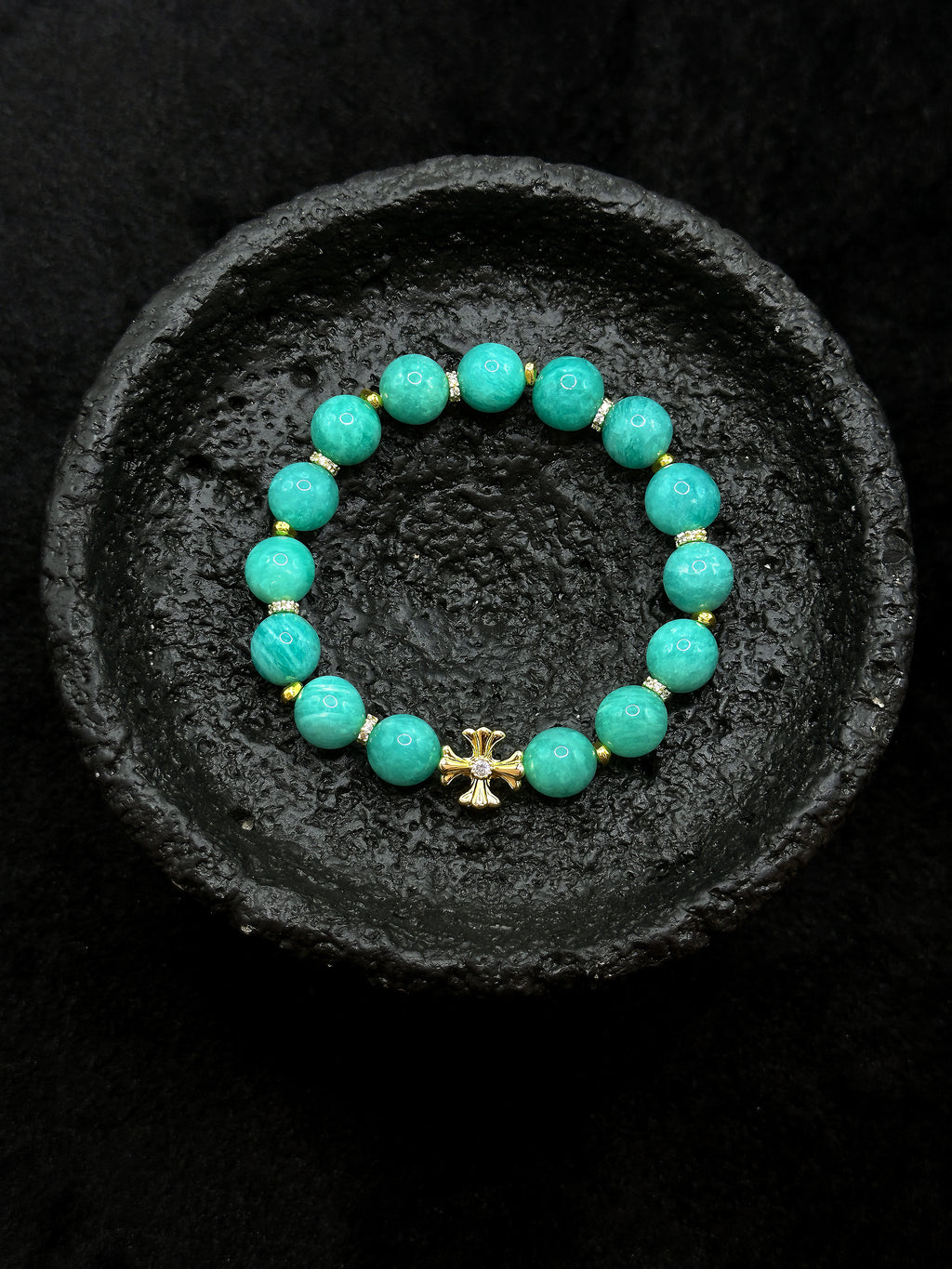 Blue green natural amazonite beads with gold cross bracelet detail