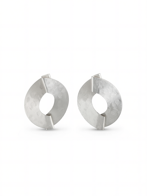 architectural silver hoop earrings with geometric cut-out