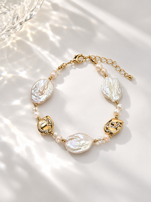 Natural baroque pearl bracelet with gold-tone accents