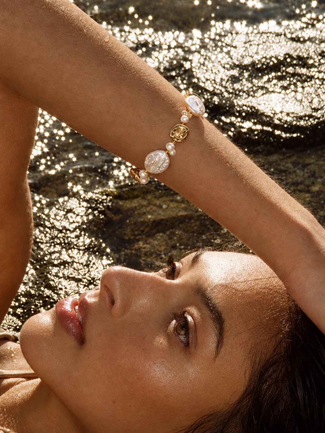 Natural baroque pearl bracelet worn on the wrist