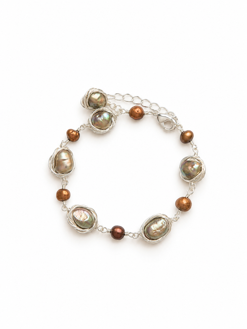 Baroque pearl bracelet set with silver-tone chains