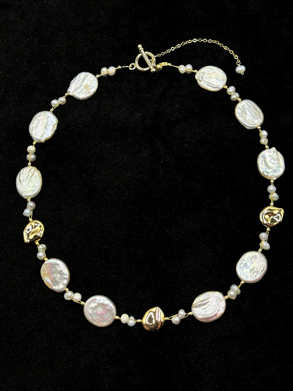 Natural baroque pearl coin necklace with gold-tone accents