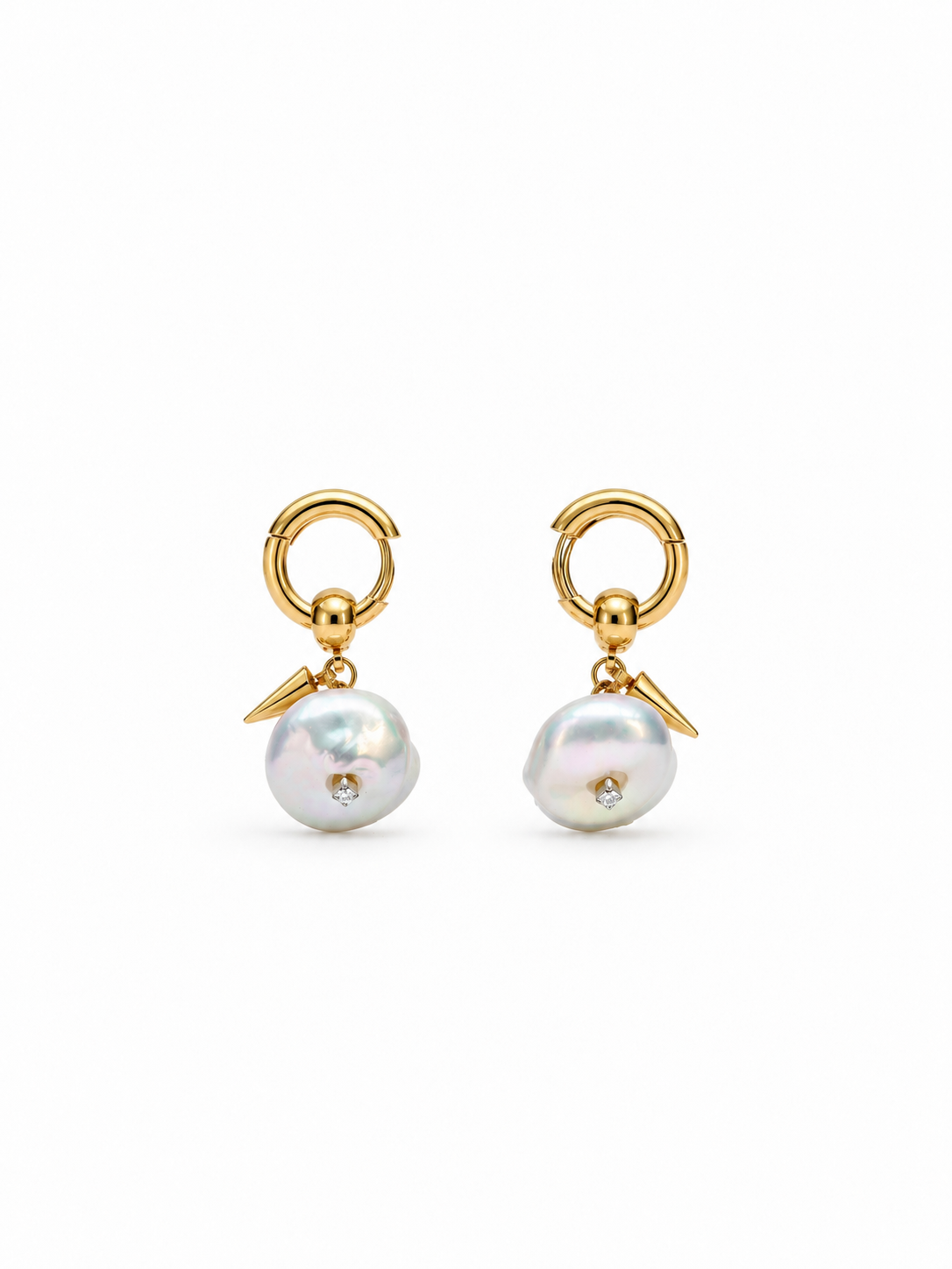 baroque pearl cone drop earrings with gold hoops