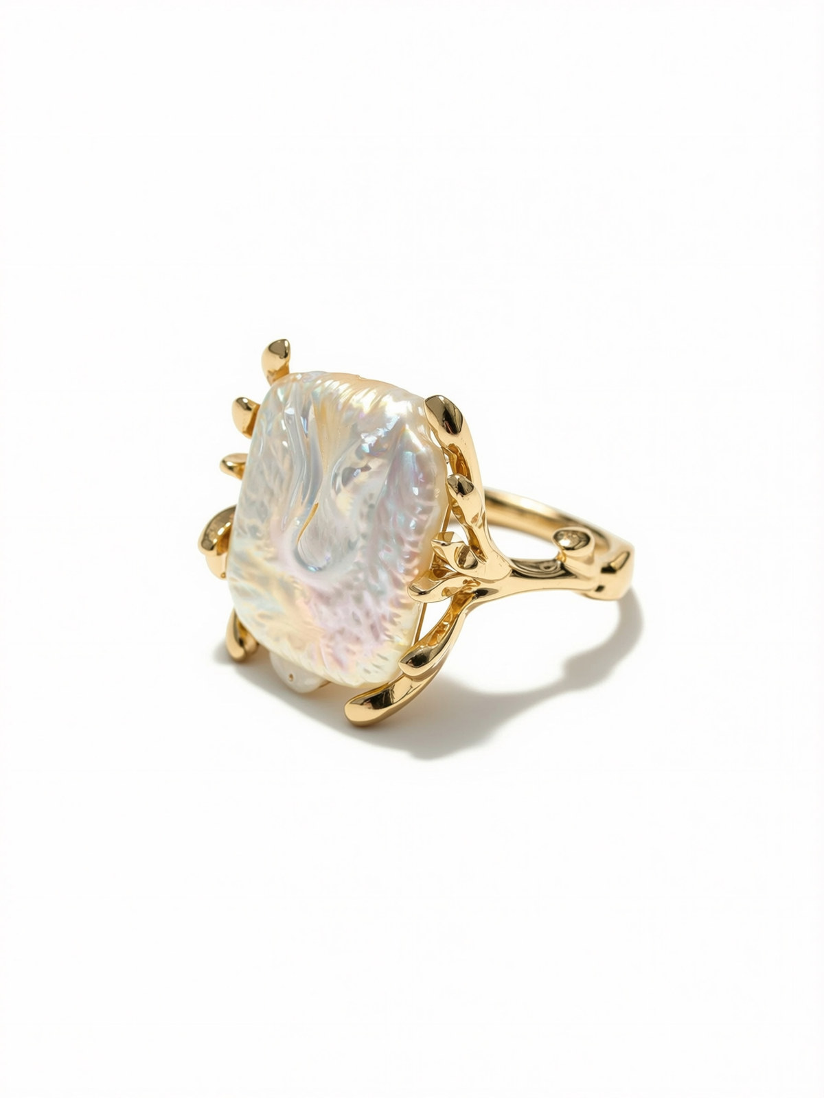 Side view of sculptural baroque pearl ring