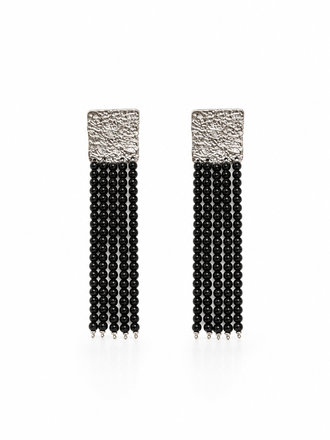 black agate beaded tassel earrings front view