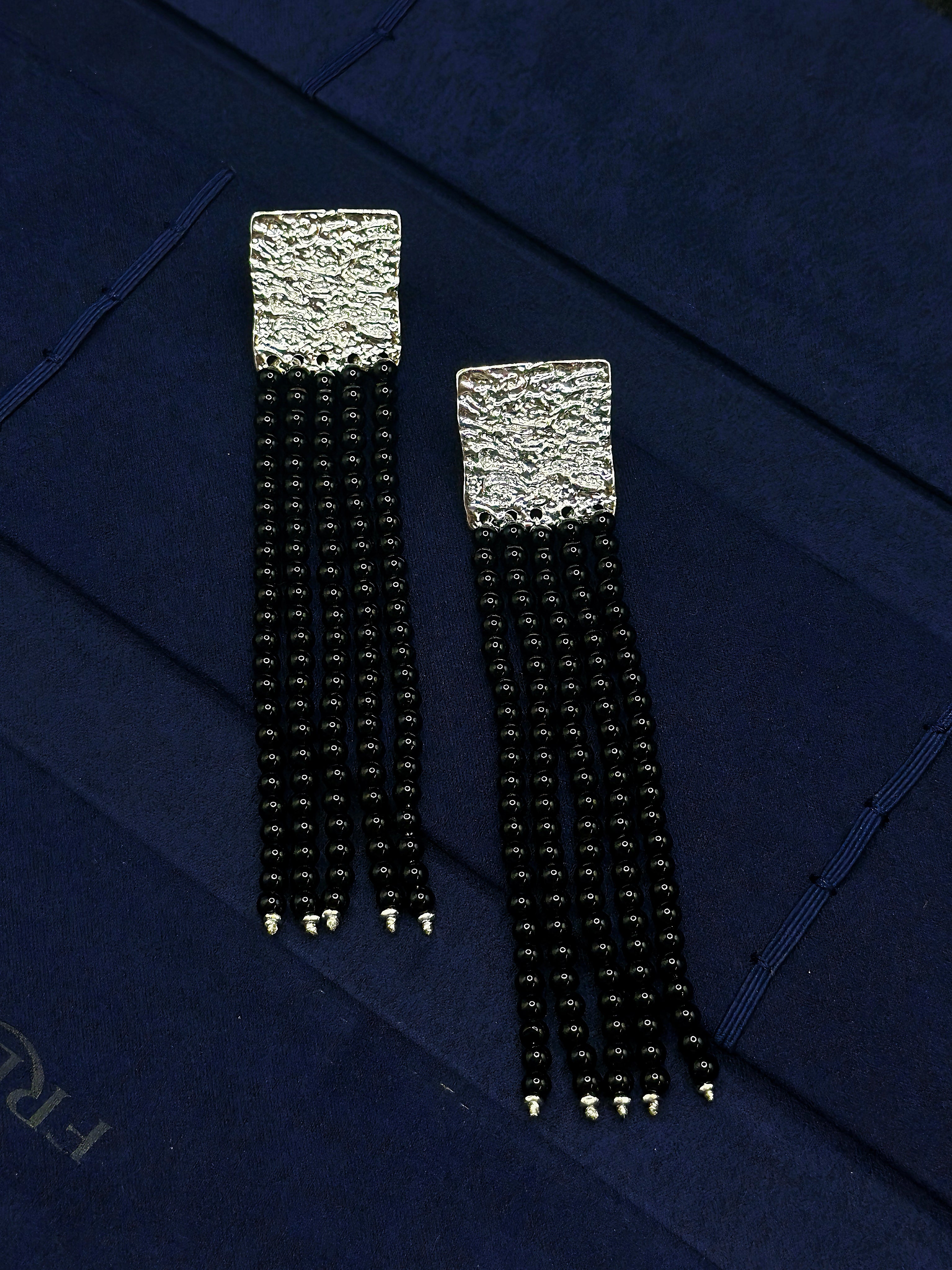 black agate tassel earrings with hammered silver metal