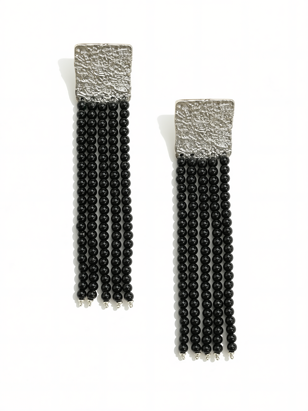 black agate tassel earrings with hammered silver metal
