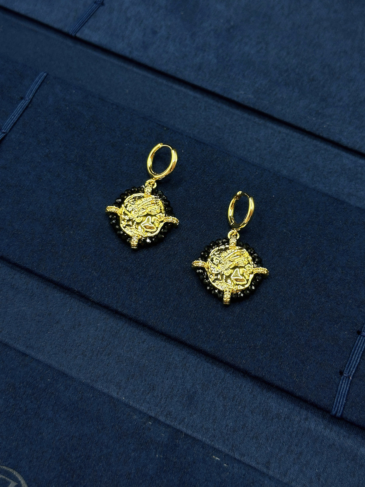 gold hoop with black spinel pendant earrings