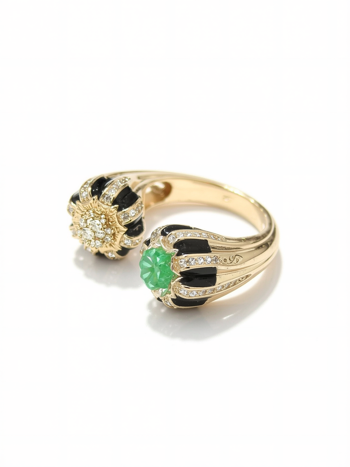 Side view of black and gold statement ring