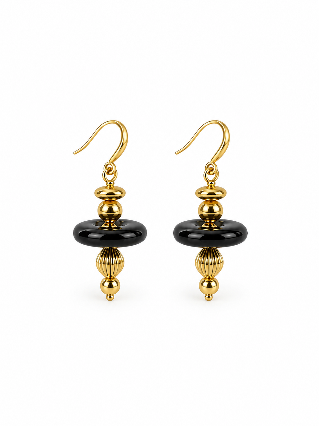 black onyx gold pendant earrings with geometric design