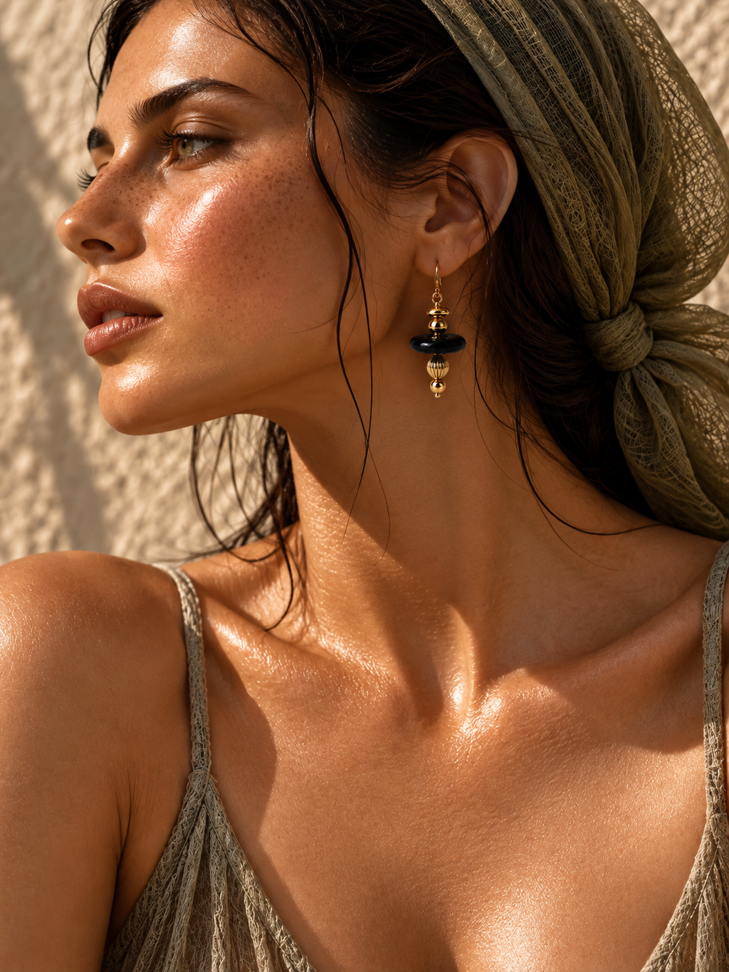 woman wearing black onyx gold pendant earrings