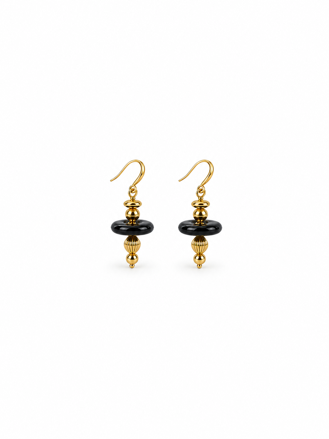 black onyx gold pendant earrings with geometric design