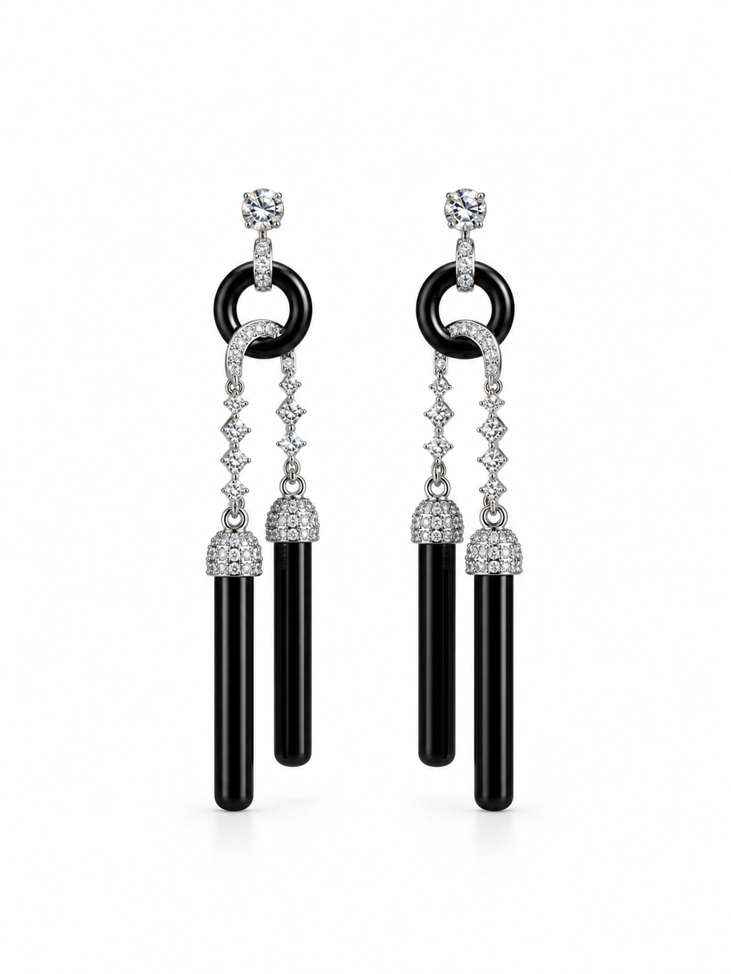 black silver tassel earrings with sparkling chain details