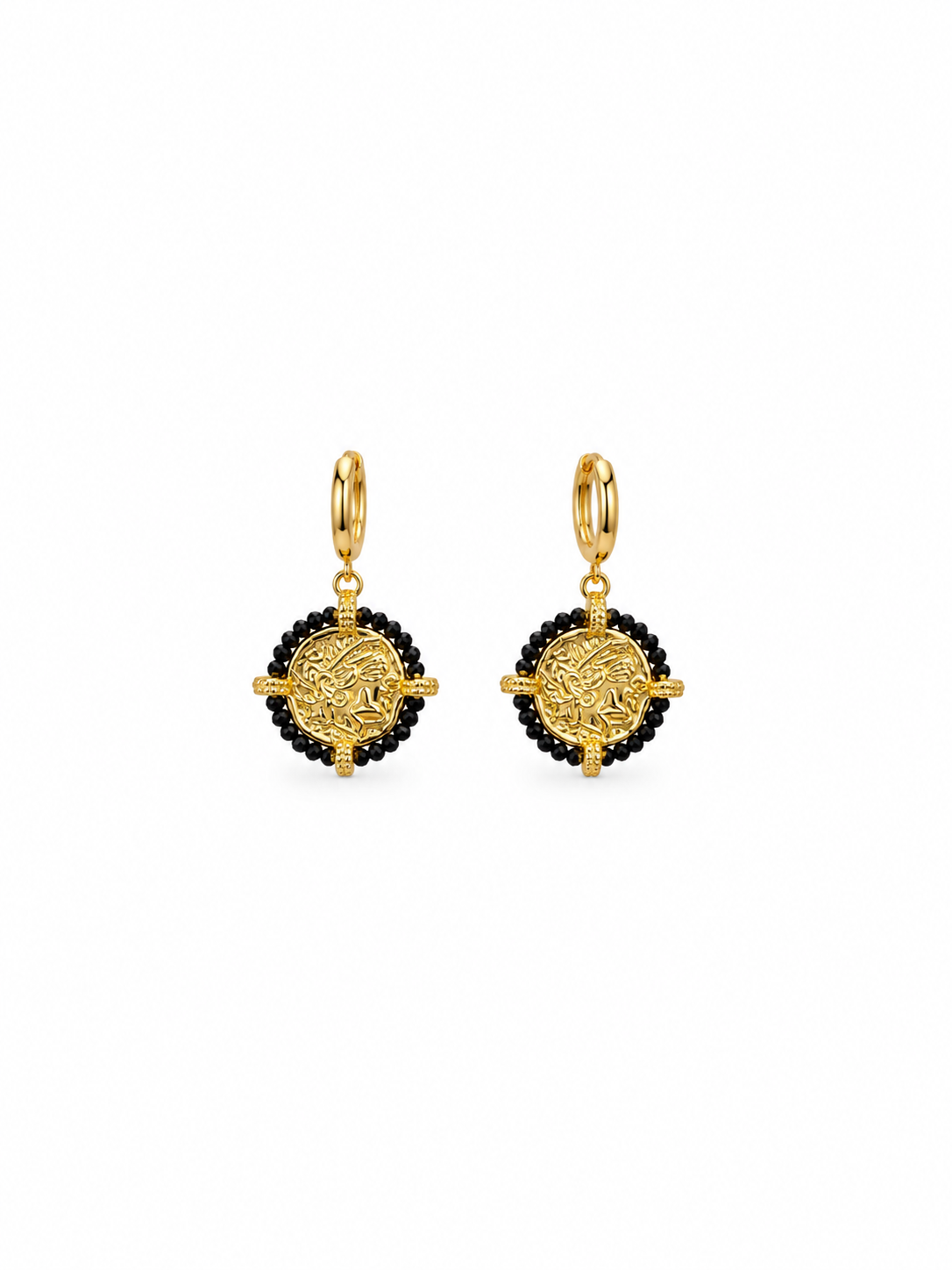 black spinel gold pendant earrings front view