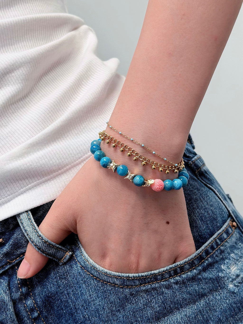 Natural blue apatite bracelet worn on the wrist