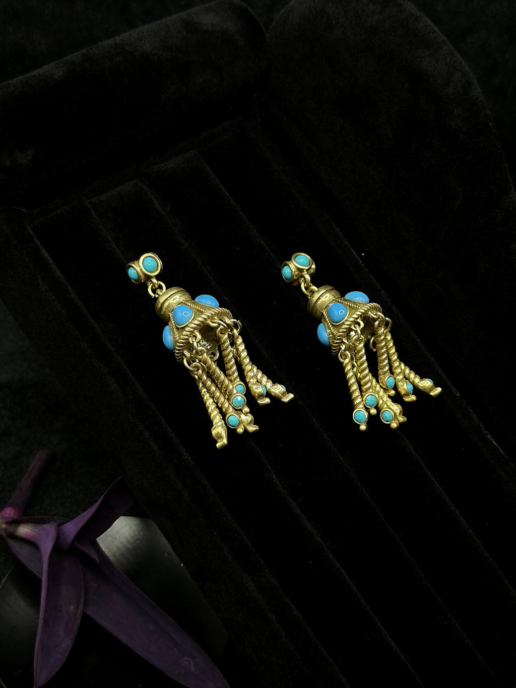 blue faux turquoise detail on vintage gold earrings