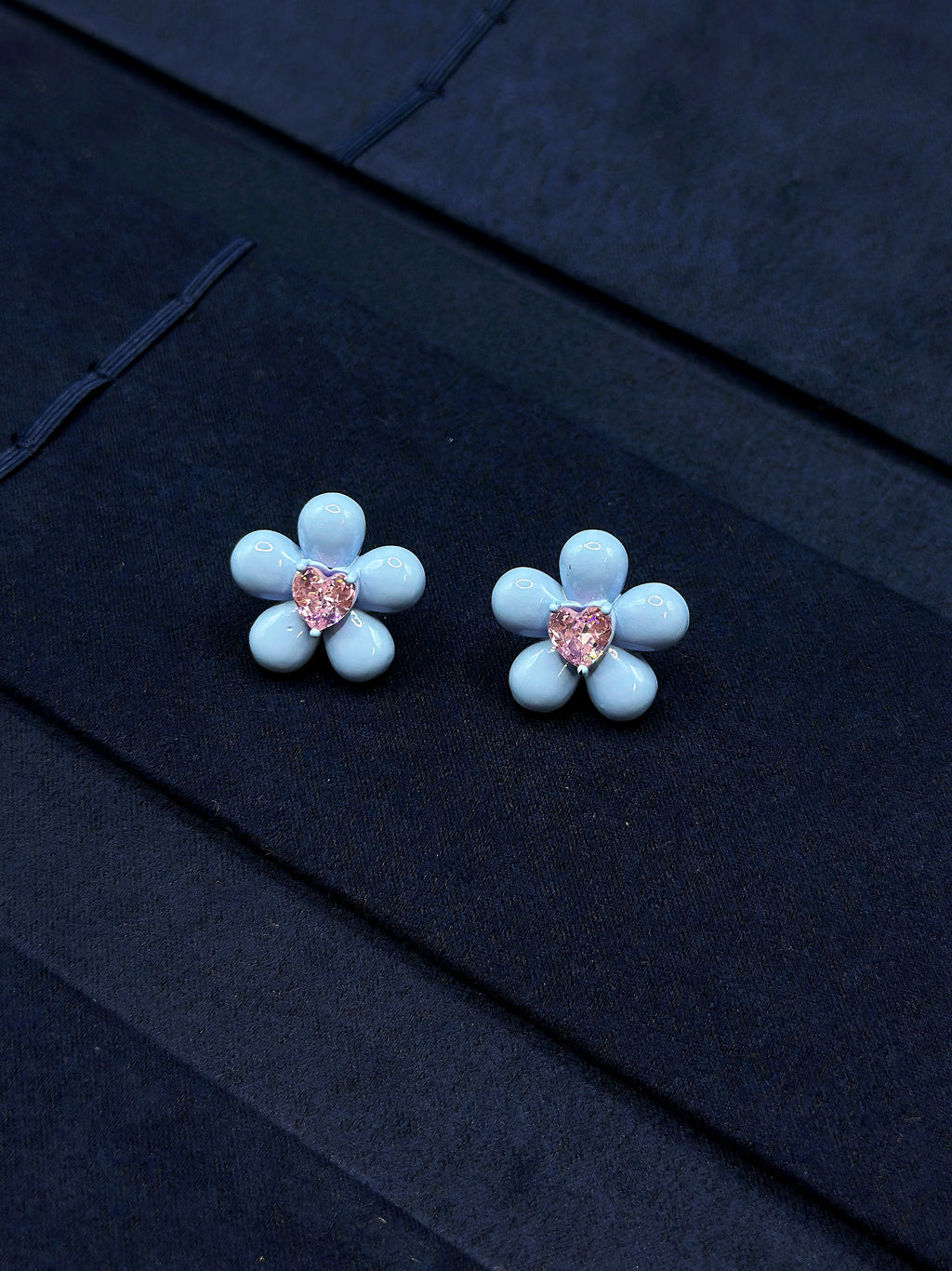 five petal blue flower earrings detail