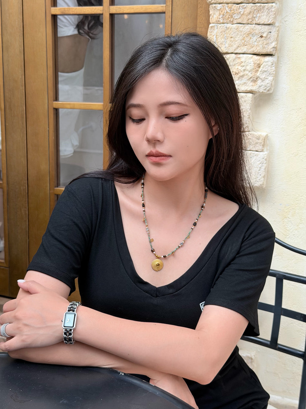 Bohemian beaded necklace worn as a statement piece