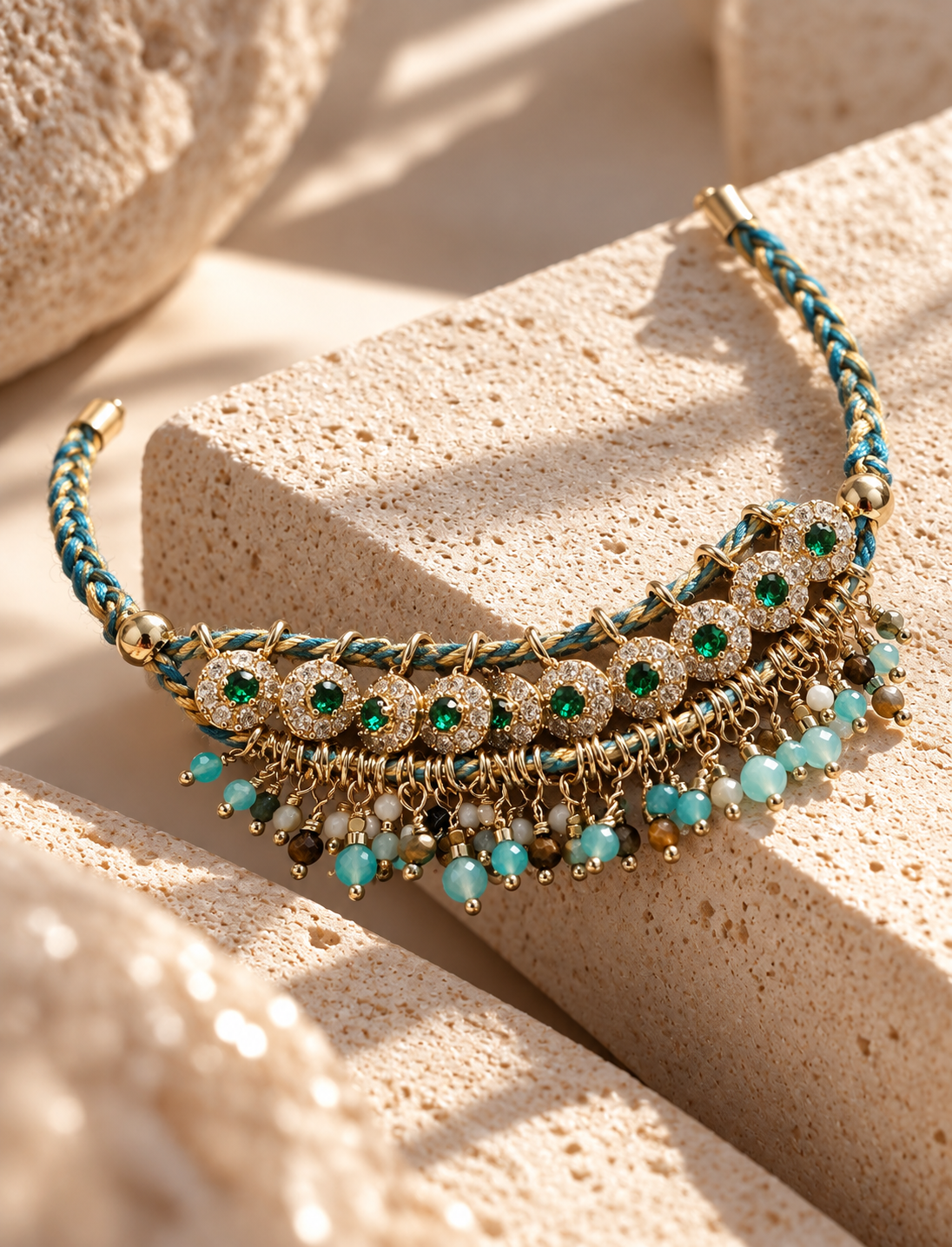 Braided rope bracelet with zircon accents and natural stone tassel details